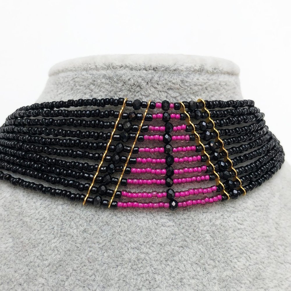Pink and black wide collar choker, accent multi strand choker necklace OOAK